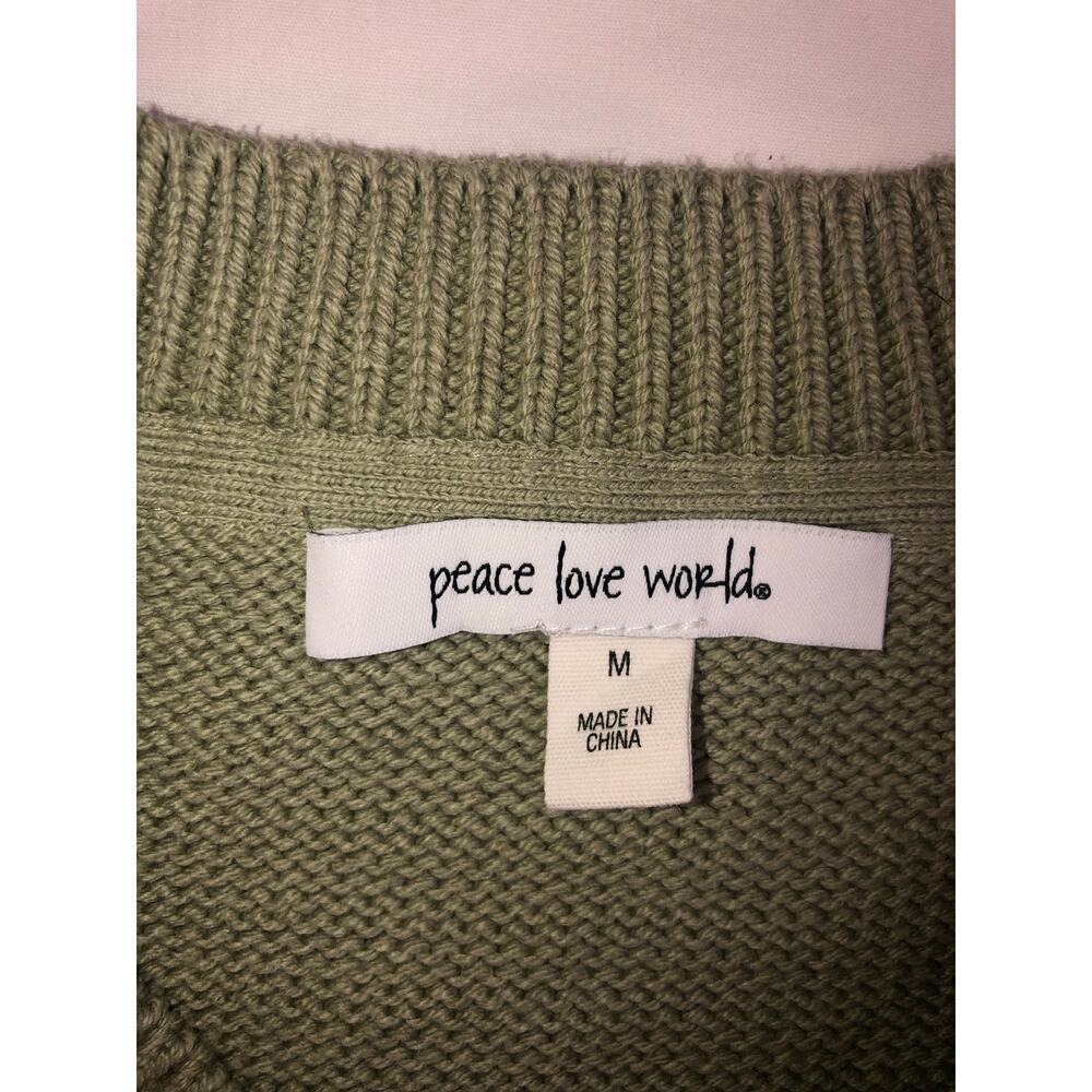 Peace Love World Star Sweater Size M Green Cream Cotton Blend Long Sleeve Slits - Picture 3 of 9